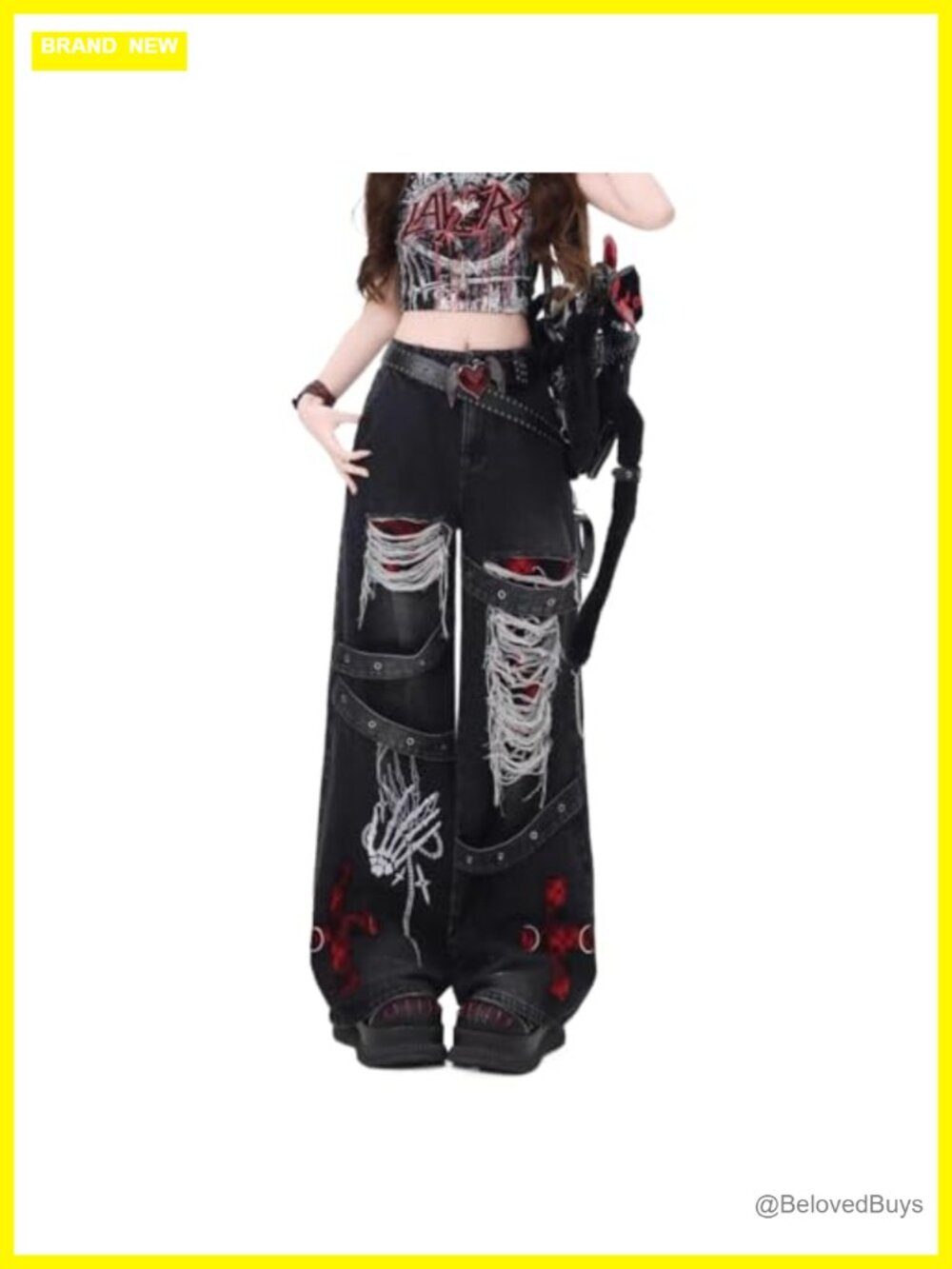 Y2K Distressed High Waist Wide Leg Loose Jeans Shredded Denim